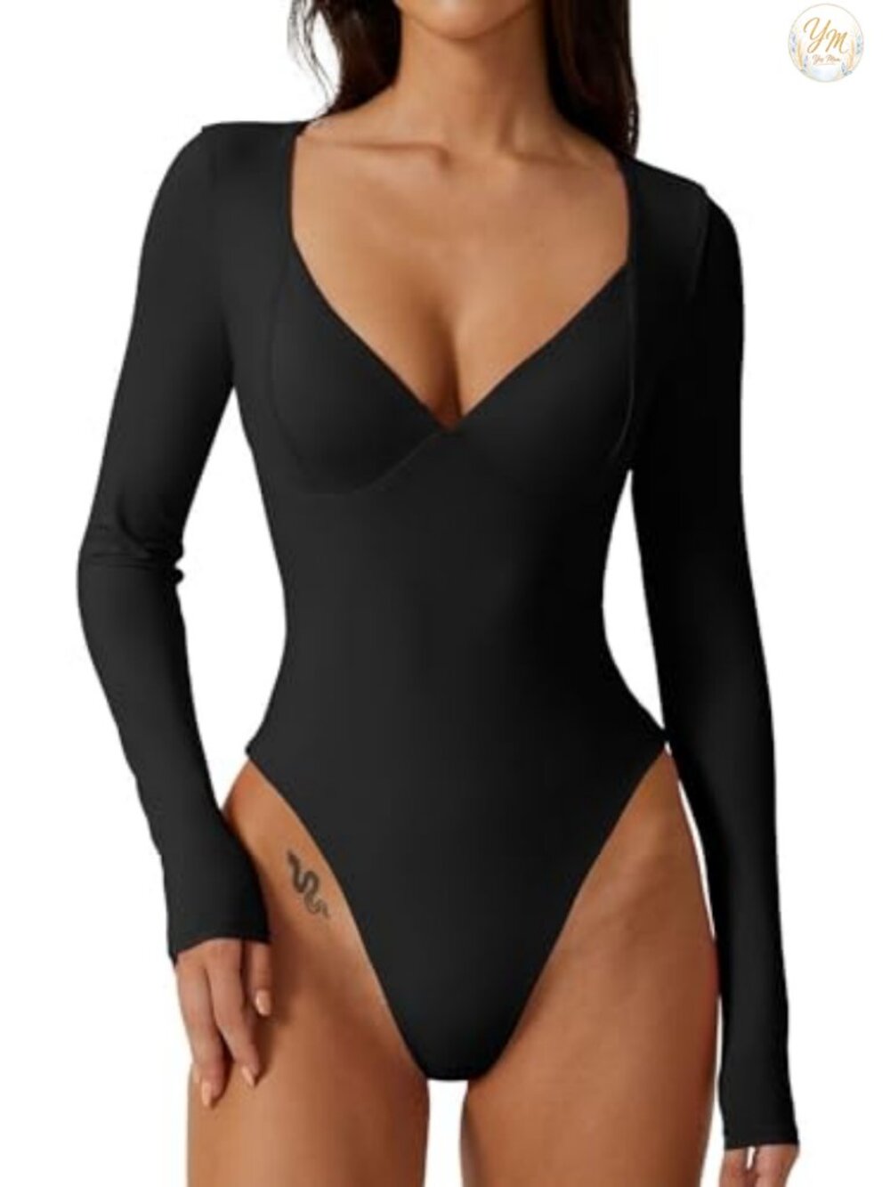 Long Sleeve V Neck Bodysuit Seamed Cup Thong Bottom Going Out Top